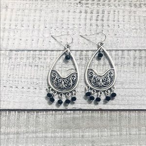 Boho Black Chandelier Dangling Silver Earrings NWT